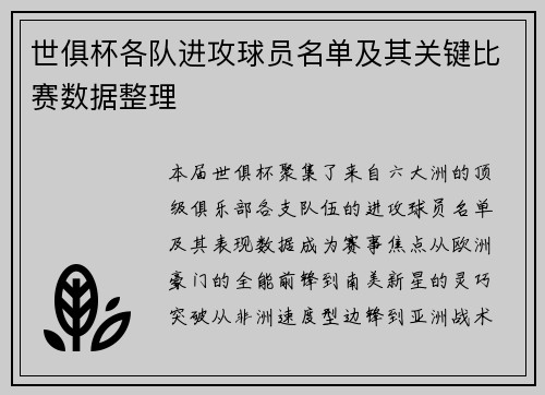 世俱杯各队进攻球员名单及其关键比赛数据整理